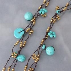 Cotton Rope 3 strand Turquoise and Brass Beads Necklace (Thailand
